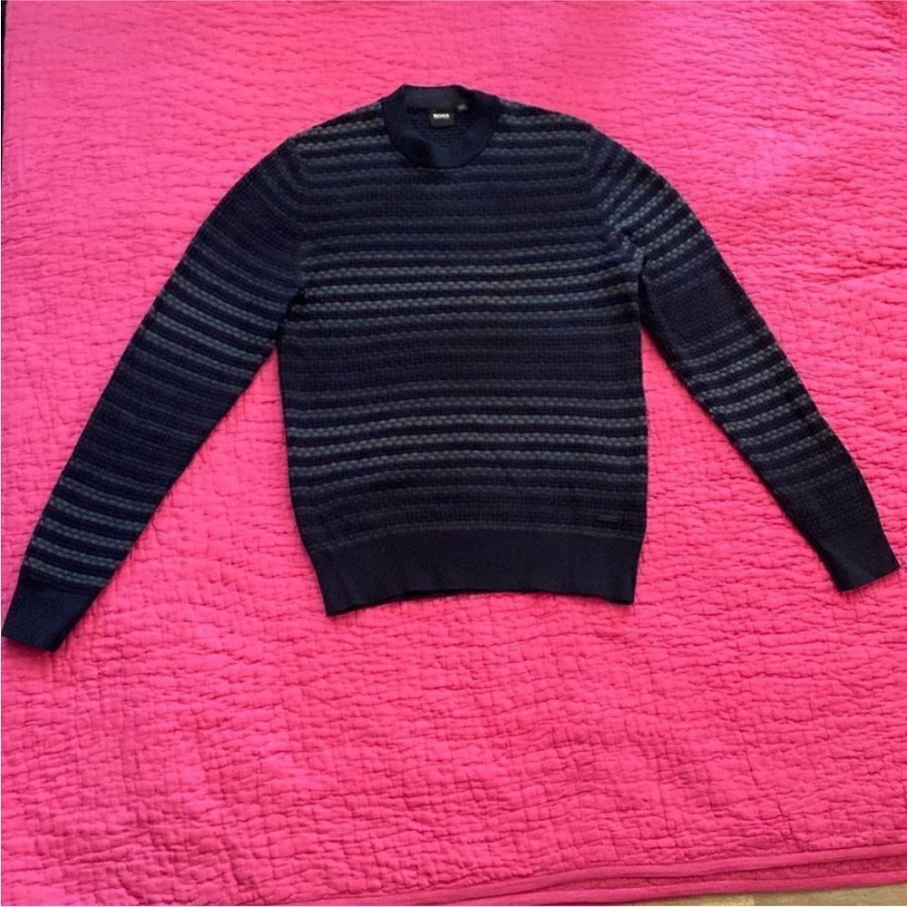 Hugo Boss Men's Navy Striped Crewneck Sweater, S